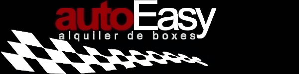Logo de ‘autoEasy’ en colores rojo y negro con el texto ‘alquiler de boxes’ debajo. A la derecha, una ilustración estilizada de una bandera a cuadros en blanco y negro que simula estar ondeando.