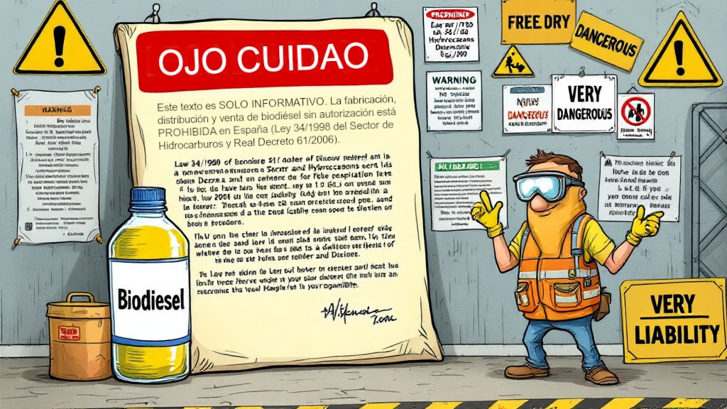 La imagen muestra un gran cartel titulado "OJO CUIDAO" en letras rojas, que actúa como un descargo de responsabilidad. El texto indica que la información es solo de carácter informativo y advierte que la fabricación, distribución y venta de biodiésel sin autorización están prohibidas en España, citando la Ley 34/1998 del Sector de Hidrocarburos y el Real Decreto 61/2006. A la izquierda, se ve una botella etiquetada como "Biodiesel". La pared está cubierta con señales de advertencia como "Very Dangerous", "Warning", y "Muy peligroso", reforzando la idea de riesgo. A la derecha, un hombre con equipo de seguridad observa las advertencias con una expresión de cautela.