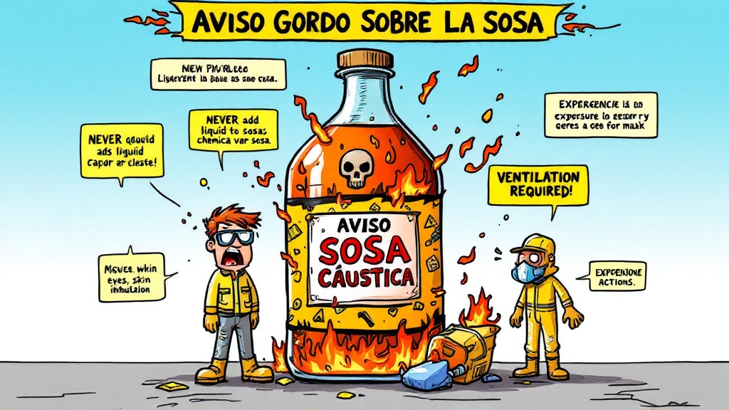Cómo fabricar biodiésel casero: Imagen de un aviso de advertencia sobre el uso de sosa cáustica. En el centro, hay una gran botella de sosa con una etiqueta que dice "AVISO SOSA CÁUSTICA". La botella está rodeada de llamas. A la izquierda, un personaje con un traje amarillo sostiene un cartel que dice "NEVER add liquid to sosa, chemical var sosa". A la derecha, otro personaje con un sombrero y mascarilla sostiene un cartel que dice "VENTILATION REQUIRED!". En la parte superior, hay un texto que dice "AVISO GORDO SOBRE LA SOSA".