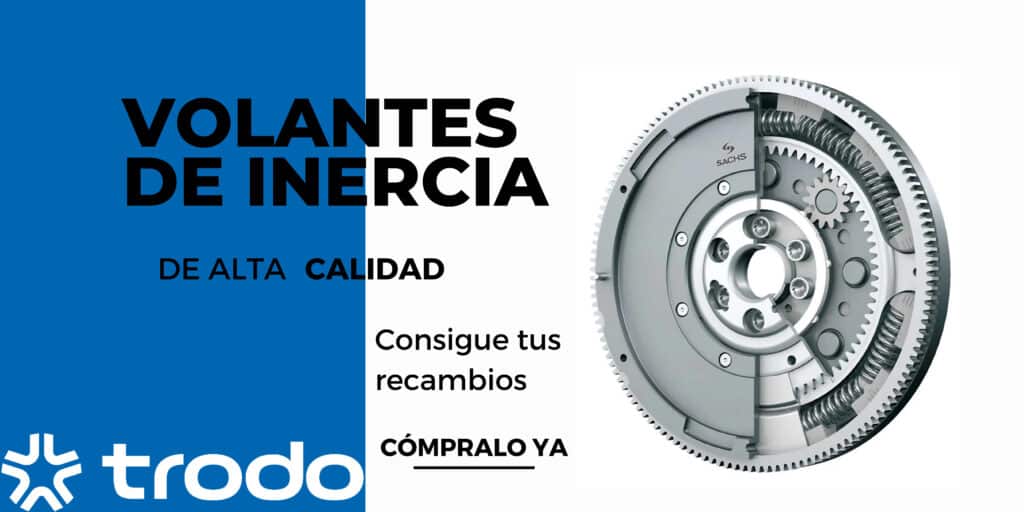La imagen es un anuncio para el sitio web Trodo.es, especializado en recambios de coche de alta calidad. El anuncio se centra en “VOLANTES DE INERCIA” de alta calidad. En el lado izquierdo de la imagen se encuentra el logotipo de Trodo.es, que consiste en un engranaje azul con el nombre de la empresa en letras blancas. A la derecha, hay una ilustración detallada de un volante de inercia con varios pernos y secciones etiquetadas, indicando su diseño y construcción complejos. El texto “DE ALTA CALIDAD” se muestra de manera prominente bajo el encabezado, enfatizando la calidad del producto. Texto adicional anima a los espectadores a “Consigue tus recambios” y “CÓMPRALO YA”, sugiriendo una acción inmediata para comprar estos recambios de coche desde su sitio web.