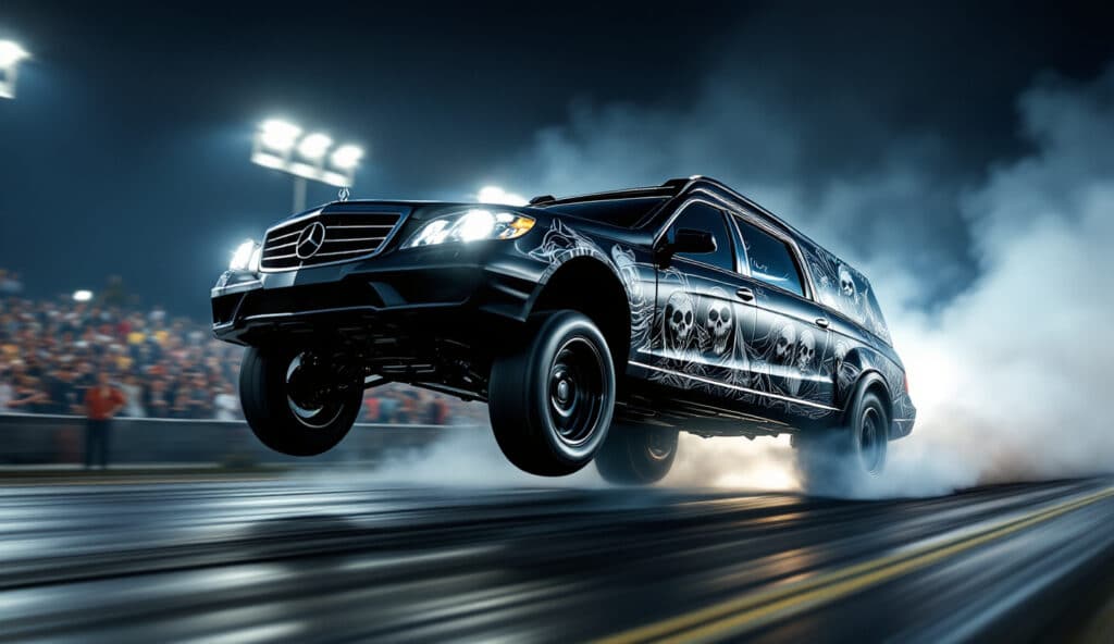 Un coche fúnebre Mercedes-Benz negro haciendo un caballito en una pista de carreras. El vehículo está inclinado hacia atrás, con las ruedas delanteras levantadas del suelo. Hay un desenfoque de movimiento visible, indicando alta velocidad. Al fondo, una multitud desenfocada y luces brillantes, típicas de un evento de carreras nocturno.