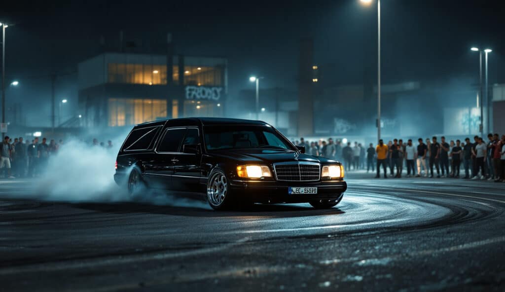 Un coche fúnebre Mercedes-Benz negro realizando un derrape con humo saliendo de sus neumáticos traseros, en una zona industrial nocturna. Al fondo, una multitud de espectadores detrás de una barrera observa la escena, iluminada por luces artificiales. Parece ser un evento o encuentro de coches.