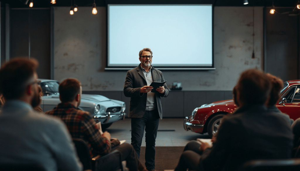La imagen muestra a una persona de pie frente a una audiencia, sosteniendo lo que parece ser un mando o dispositivo, posiblemente dando una presentación. El fondo presenta una pantalla grande y coches vintage en exhibición, indicando que el escenario podría ser un evento o exposición automotriz. Esta escena es interesante por la yuxtaposición de la tecnología moderna de presentación con los automóviles clásicos, sugiriendo un tema de innovación o historia en el diseño automotriz.