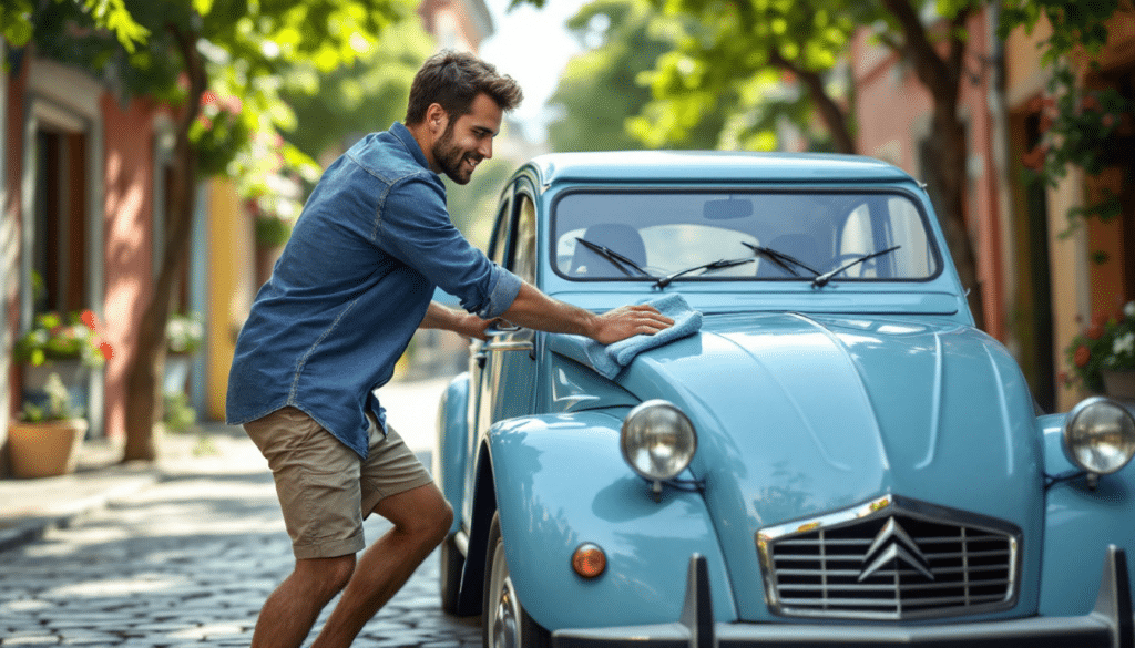La imagen muestra a una persona limpiando un Citroën 2CV azul claro en una calle adoquinada, rodeada de edificios y vegetación. El coche es un modelo antiguo con faros redondos y una parrilla cromada prominente, característico de los diseños clásicos de Citroën.