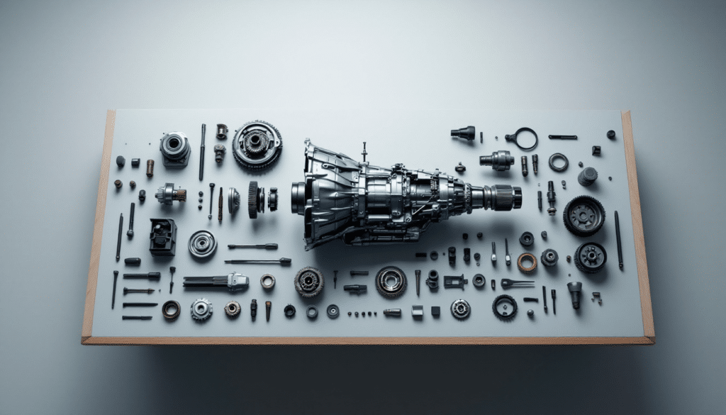 Imagen de un sistema de transmisión de coche desarmado, organizado ordenadamente sobre una superficie plana. Los componentes incluyen el conjunto principal de la caja de cambios en el centro, rodeado de varios engranajes, rodamientos, tornillos y otras piezas mecánicas. La imagen proporciona una vista detallada del funcionamiento interno del sistema de transmisión de un coche.