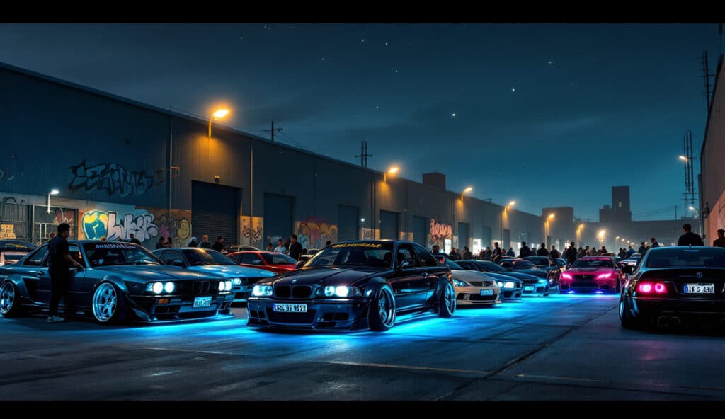 Una fila de coches estacionados de noche, con luces de neón iluminando el suelo desde sus bajos. El entorno es urbano, con edificios y grafitis en las paredes al fondo. La presencia de varios modelos de coches con luces de neón hace que esta imagen sea interesante, especialmente para los entusiastas de la cultura automovilística y las modificaciones.