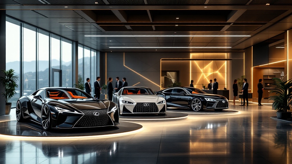 Un moderno y lujoso showroom con tres coches deportivos de alta gama de la marca Lexus exhibidos en plataformas circulares. El showroom tiene un diseño elegante y contemporáneo con grandes ventanas que permiten la entrada de luz natural. Los coches están posicionados en un área bien iluminada, destacando sus acabados brillantes y diseños intrincados. En el fondo, varias personas con atuendos formales están conversando, añadiendo al ambiente sofisticado. La escena es interesante y relevante ya que muestra automóviles de lujo en un entorno elegante, enfatizando la naturaleza premium de la marca y el alto nivel de artesanía involucrado en los vehículos.