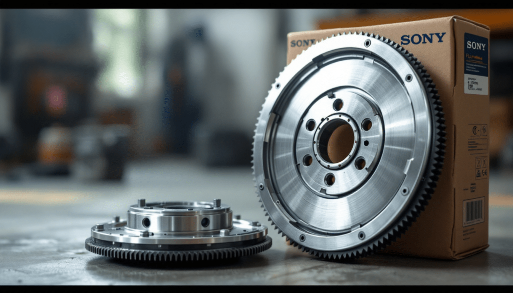La imagen muestra dos volantes de inercia de coche colocados sobre una superficie con un fondo desenfocado. Un volante de inercia está de pie y el otro está acostado frente a él. Detrás de estas piezas hay una caja de cartón con el logotipo de Sony visible. Esta imagen podría ser interesante o relevante para discusiones sobre diseño mecánico, procesos de fabricación o fotografía de productos debido a la vista detallada de los volantes de inercia y la presencia de una marca conocida.