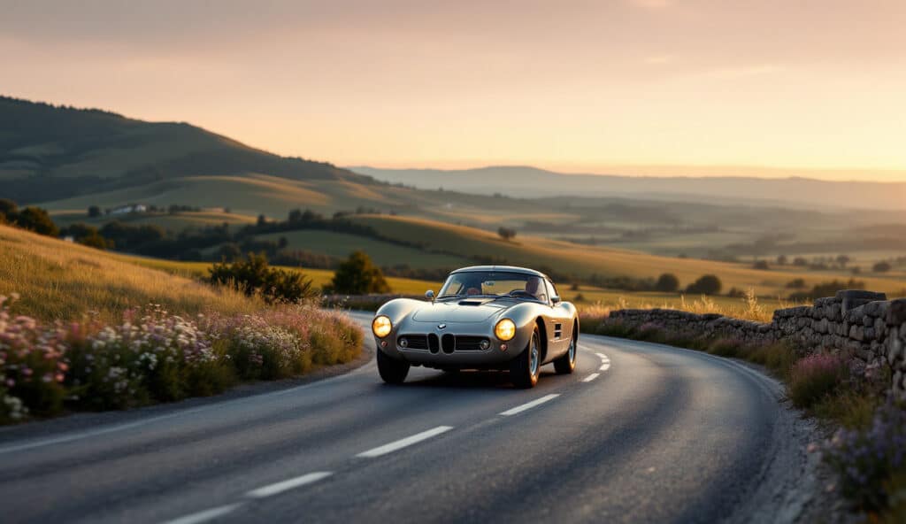 Un coche clásico BMW 507 conduciendo por una carretera en un paisaje rural durante el atardecer. El coche es un modelo convertible con la capota bajada, de color blanco y posiblemente plateado en la parte inferior. Destacan sus faros circulares y la parrilla característica de BMW. El fondo muestra colinas, un cielo abierto con nubes suaves y campos a ambos lados de la carretera, bañados por la luz dorada del sol poniente. Hay flores a lo largo del camino, añadiendo un toque pintoresco a la escena.