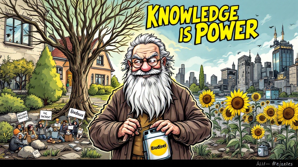 La imagen muestra a un hombre anciano y sabio con una larga barba blanca, sosteniendo un bote etiquetado como "Biodiesel" bajo el lema "Knowledge is Power" ("El conocimiento es poder"). A su izquierda, un grupo de activistas estilo "perroflautas", caracterizados como miembros de Just Stop Oil, están sentados en el suelo, sosteniendo carteles con mensajes ambiguos sobre biodiésel y energía, en una actitud de protesta. Parecen más enfocados en manifestarse que en ofrecer soluciones prácticas. En el fondo, un árbol grande y sin hojas contrasta con un campo de girasoles y una ciudad moderna, sugiriendo una crítica a la falta de propuestas concretas en algunas protestas ambientales.