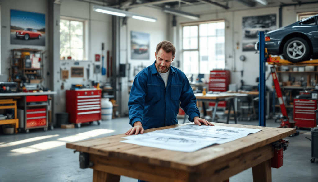 Un hombre con camisa azul revisa planos grandes en una mesa de madera dentro de un taller automotriz bien iluminado. Al fondo, se ve un coche elevado en un elevador y varias herramientas y equipos.