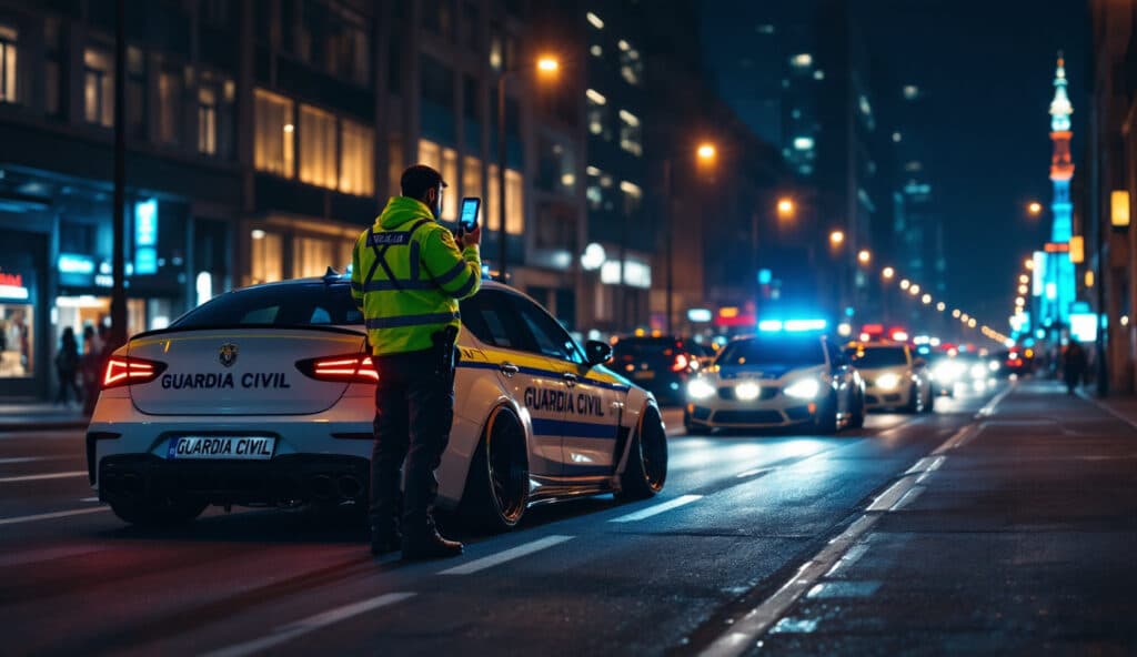 Escena nocturna en una calle de la ciudad con un vehículo blanco etiquetado como ‘GUARDIA CIVIL’. Una persona con una chaqueta de alta visibilidad está de pie junto al coche, usando un dispositivo. Al fondo, luces de la ciudad y vehículos desenfocados, creando una atmósfera urbana.