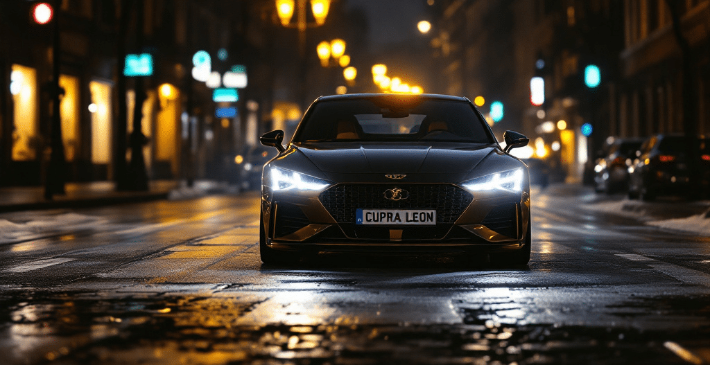 Imagen de un Cupra León posicionado en el centro de una calle mojada por la noche. Los faros del vehículo y las luces de la calle proporcionan iluminación, reflejándose en la superficie húmeda de la carretera. El distintivo emblema de Cupra León es claramente visible en la parrilla frontal, y el diseño elegante del coche se destaca con la iluminación ambiental de la ciudad.