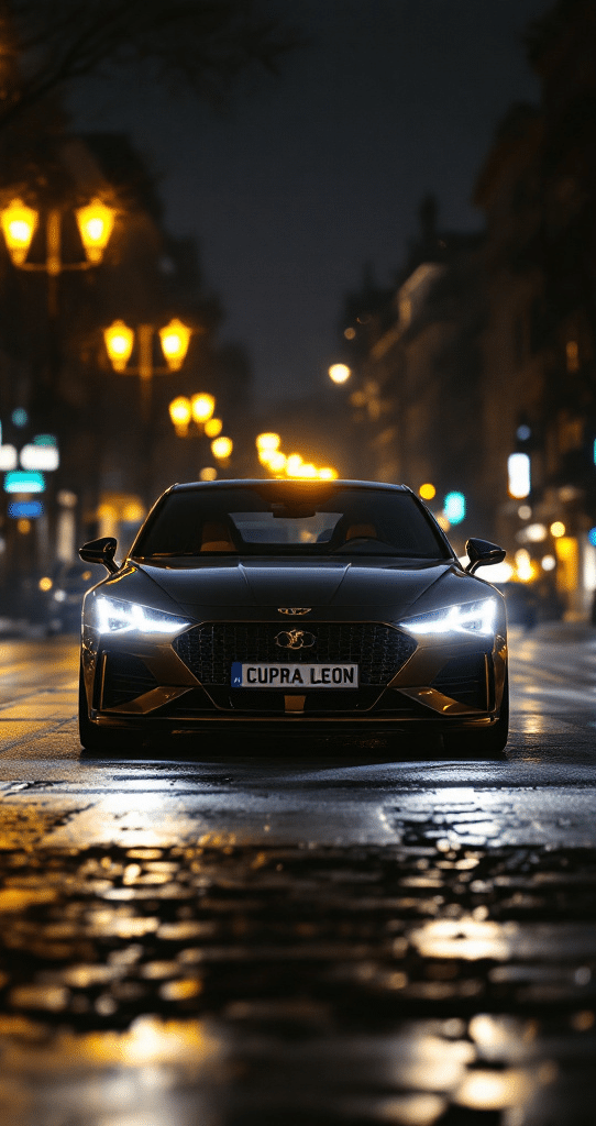 Imagen de un Cupra León posicionado en el centro de una calle mojada por la noche, con los faros encendidos iluminando el camino. La parrilla frontal y el emblema del vehículo son claramente visibles, y la matrícula dice “CUPRA LEON”. La calle está bordeada de edificios iluminados y farolas, creando un efecto bokeh con las luces en el fondo.