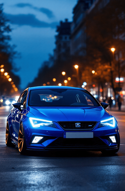 Imagen de un Cupra León azul estacionado en una calle al anochecer o al atardecer. Los faros del vehículo están encendidos, iluminando el área frente a él. La calle está bordeada de edificios, sugiriendo un entorno urbano. Las condiciones de iluminación dan al coche una apariencia vibrante y brillante, destacando sus características de diseño como los faros angulares y las líneas deportivas de la carrocería.