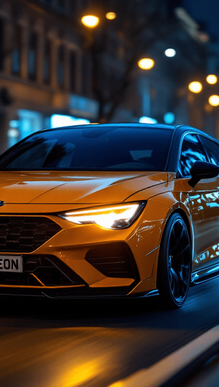 Imagen de un Cupra León capturada en un ángulo bajo dinámico que resalta el diseño elegante y estético deportivo del vehículo. El coche está pintado en un vibrante tono naranja, destacándose contra el fondo borroso de una calle de ciudad iluminada por farolas. El logotipo de Cupra es visible en la parrilla, y el nombre del modelo “LEON” se puede ver en la matrícula. La iluminación resalta las líneas afiladas y el estilo agresivo del parachoques delantero y el diseño de los faros.