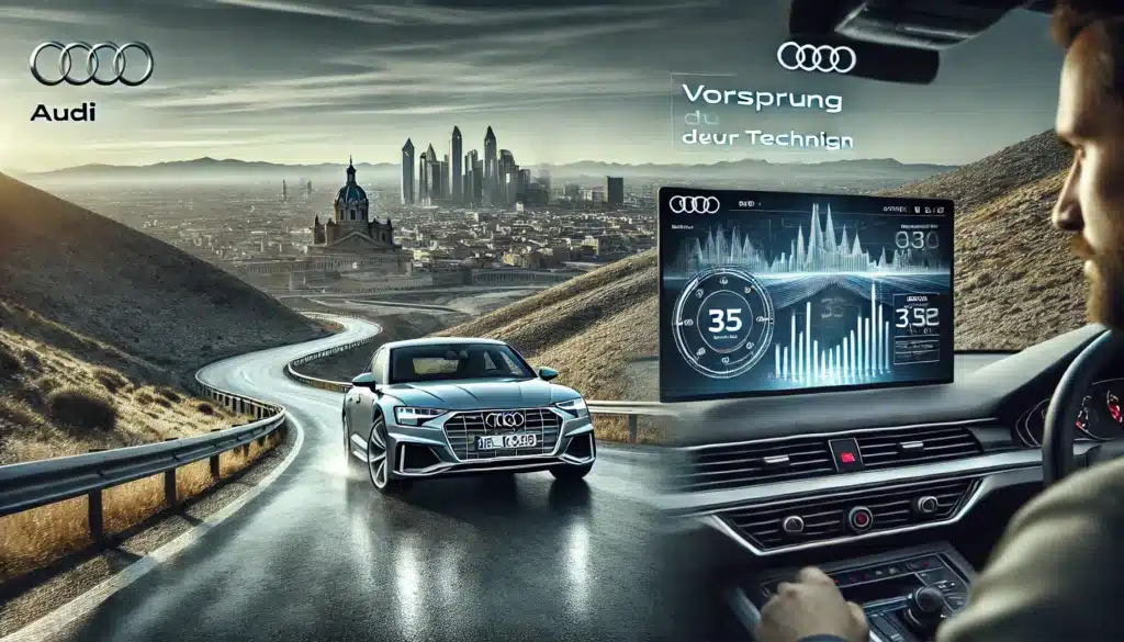Un vehículo Audi circula por una carretera sinuosa con un paisaje desértico de fondo. A lo lejos, se puede ver el horizonte de una ciudad con edificios altos bajo un cielo despejado. Dentro del coche, el salpicadero muestra varios controles e información, incluyendo la velocidad a 35 km/h y un gráfico de ondas de audio. La frase ‘Vorsprung durch Technik’ se muestra de manera prominente sobre el horizonte de la ciudad, indicando el eslogan de la marca Audi que se traduce como ‘Avance a través de la tecnología’.