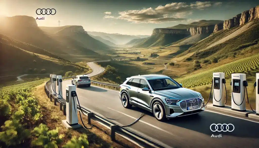Vista panorámica de una autopista que atraviesa un valle con montañas al fondo. Hay tres vehículos eléctricos Audi, dos de los cuales están circulando por la carretera y uno estacionado en una estación de carga a un lado de la carretera. La estación de carga tiene varias unidades y está marcada con el logotipo de Audi. El cielo está despejado, y el paisaje natural junto con los elementos tecnológicos de los coches y las estaciones de carga crean un contraste interesante entre tecnología y naturaleza.