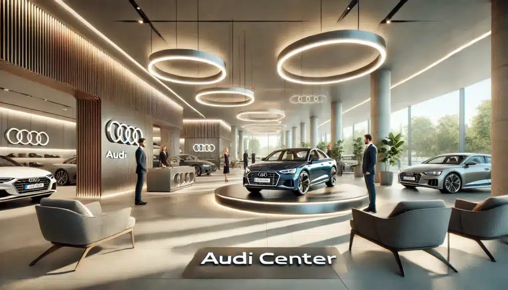 Interior de un Audi Center, un concesionario de vehículos Audi. Hay al menos tres coches en exhibición, con el más cercano sobre una plataforma circular. El diseño del concesionario es moderno y elegante, con un techo alto, luces cilíndricas colgantes y paneles de madera que le dan un toque sofisticado. El suelo es reflectante, lo que realza la amplitud del espacio. Hay áreas de asientos cómodos dispuestas alrededor del espacio para los clientes. El logotipo de Audi está presente en las paredes y en los coches, indicando que es un entorno de concesionario de la marca Audi diseñado para mostrar sus vehículos.