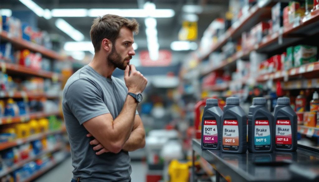 Persona de pie en un pasillo de una tienda, mirando productos en los estantes. En el pasillo se ven botellas de líquido de frenos con etiquetas que indican diferentes especificaciones DOT.