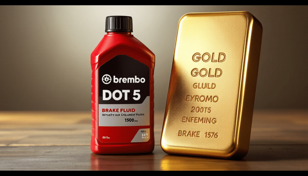 Dos objetos colocados uno al lado del otro sobre una superficie de madera. A la izquierda, una botella roja etiquetada como “Brembo DOT 5”, identificada como líquido de frenos con un volumen de 500 ml. A la derecha, un lingote dorado con inscripciones “GOLD GUILD EYROMO 20075 ENGINEERING BRAKE 1576