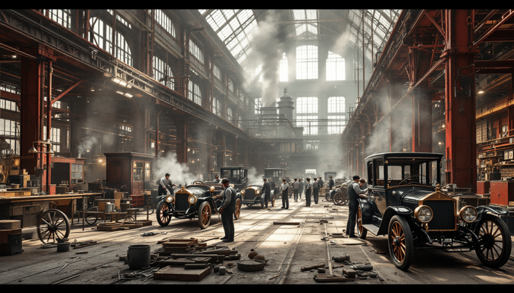 La imagen muestra una fábrica de principios del siglo XX con trabajadores ensamblando automóviles. Hay varios vehículos en diferentes etapas de montaje, destacando uno casi completo en primer plano. La fábrica tiene una estructura de acero con grandes ventanales que permiten la entrada de luz natural, creando un ambiente iluminado y lleno de sombras. Se observan columnas robustas, vigas y maquinaria industrial pesada. El suelo está desordenado con herramientas, piezas de automóviles y escombros. El aire parece estar lleno de polvo o humo, lo que contribuye a la atmósfera industrial del entorno.