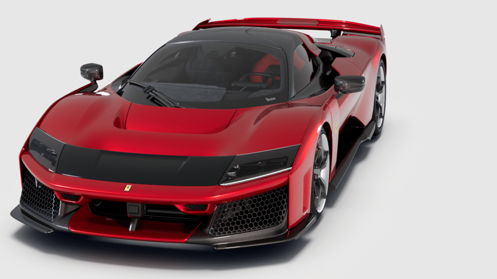 Vista frontal de un Ferrari F80 rojo con un diseño aerodinámico, destacando las entradas de aire prominentes en la parte delantera y una carrocería baja y aerodinámica. El coche tiene detalles en negro y parece ser un vehículo de alto rendimiento, lo que indica su relevancia para los entusiastas del automóvil y aquellos interesados en el diseño y la ingeniería automotriz.