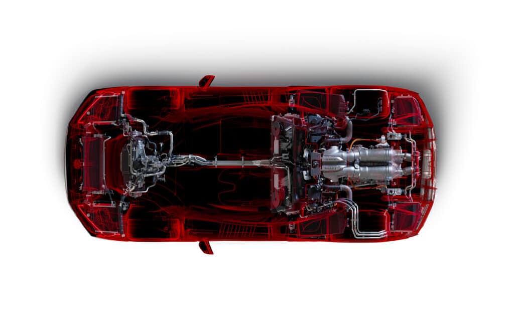 Vista superior de rayos X de un Ferrari F80, destacando sus componentes internos y estructura. La transparencia permite visualizar el motor, el sistema de transmisión y el chasis, proporcionando una visión interna de la compleja ingeniería y diseño del vehículo.