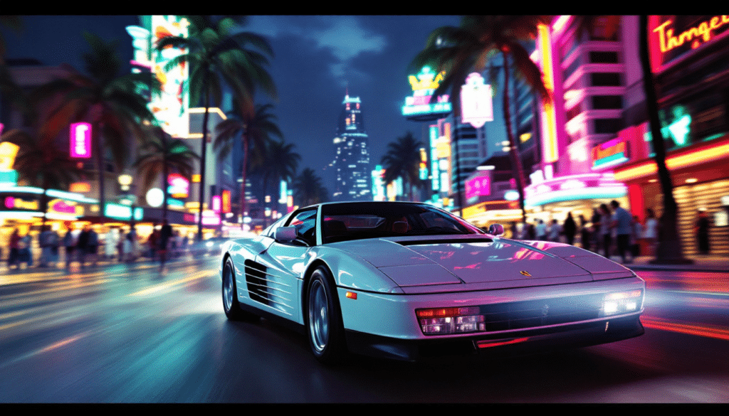 Coche deportivo blanco, similar al de Miami Vice, conduciendo por una calle de la ciudad de Miami de noche. La escena es vibrante con letreros de neón y carteles iluminados que sugieren una atmósfera animada de vida nocturna urbana. Los rascacielos en el fondo añaden al ambiente metropolitano de la imagen.