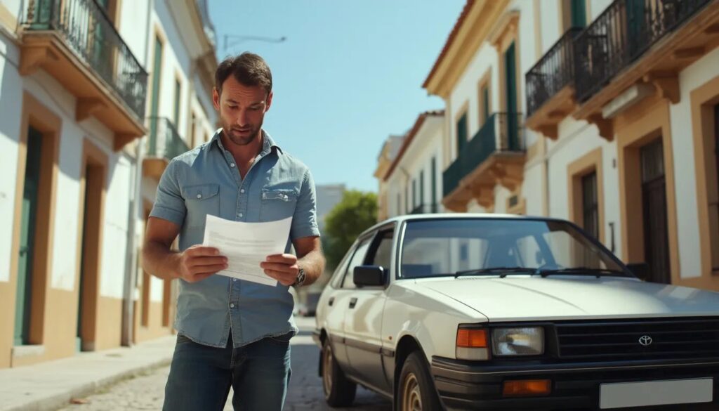 Imagen de una persona de pie frente a un coche, sosteniendo y mirando un papel. El coche parece ser un modelo antiguo de Toyota.