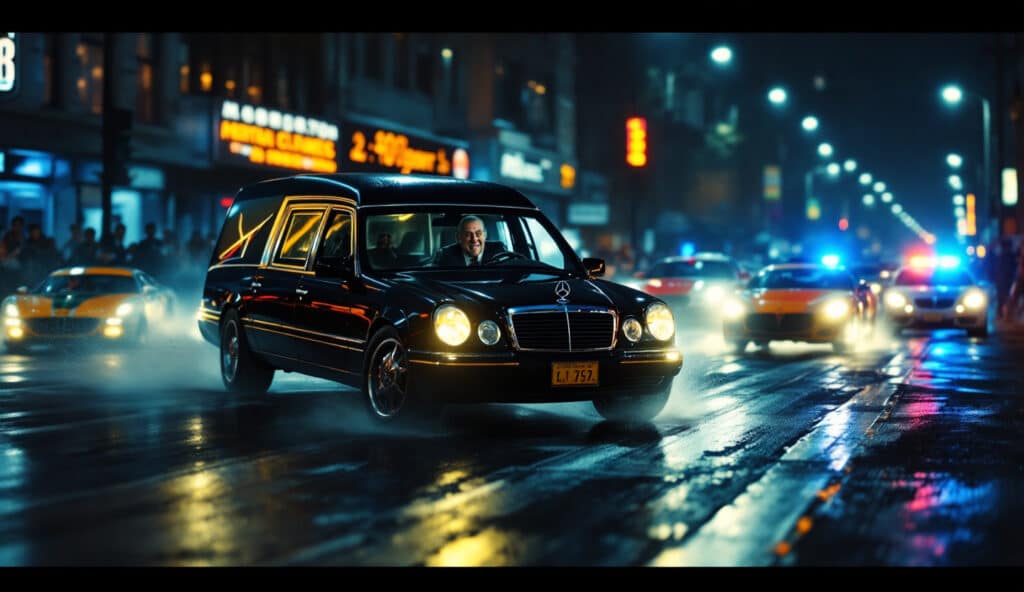 Un coche fúnebre Mercedes-Benz negro conduciendo por una calle mojada de noche, perseguido por un coche de policía. La escena está iluminada por diversas luces de la ciudad y los faros de los vehículos, creando reflejos en la superficie de la carretera. La imagen tiene una calidad cinematográfica y muestra el contraste entre el coche fúnebre clásico y el entorno urbano moderno.