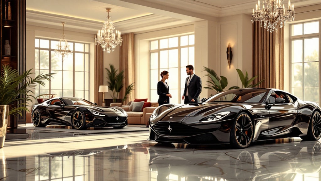 Interior lujoso con dos coches deportivos de alta gama estacionados. La sala tiene suelos pulidos, grandes ventanales que permiten la entrada de abundante luz natural y está amueblada con sofás y candelabros, sugiriendo riqueza o un entorno de showroom. La imagen evoca la experiencia de compra de un vehículo de lujo en una de cuáles son las marcas premium de coches en España.