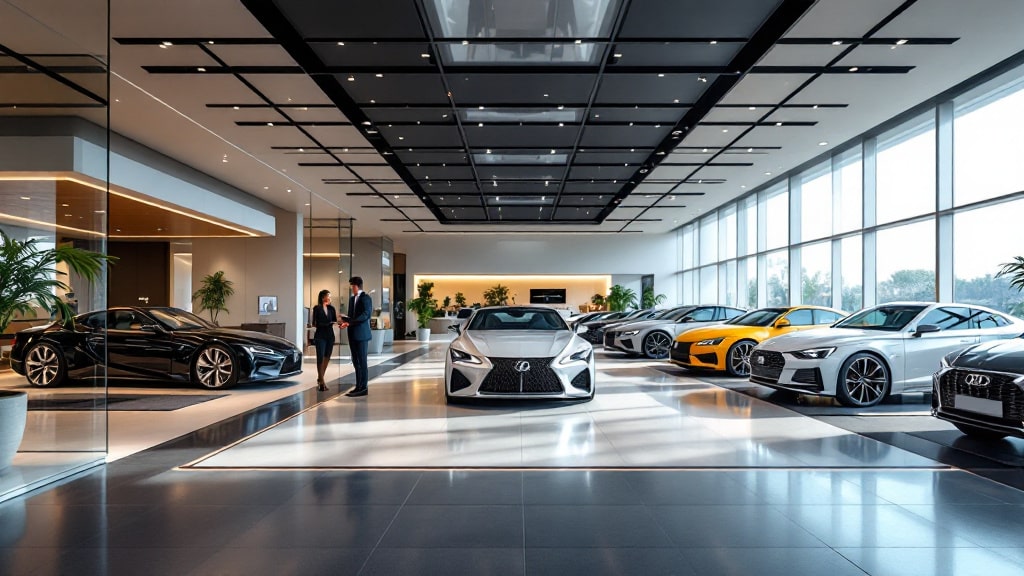 Un moderno concesionario de coches con una variedad de autos de lujo en exhibición. El diseño del concesionario es elegante y contemporáneo, con grandes ventanas que permiten la entrada de luz natural. Hay varios coches, incluidos modelos negros, blancos y amarillos, dispuestos en filas ordenadas. Dos personas están de pie cerca del centro del concesionario, posiblemente discutiendo la compra de un coche. El concesionario está bien iluminado con una combinación de luz natural y artificial, y hay plantas en macetas