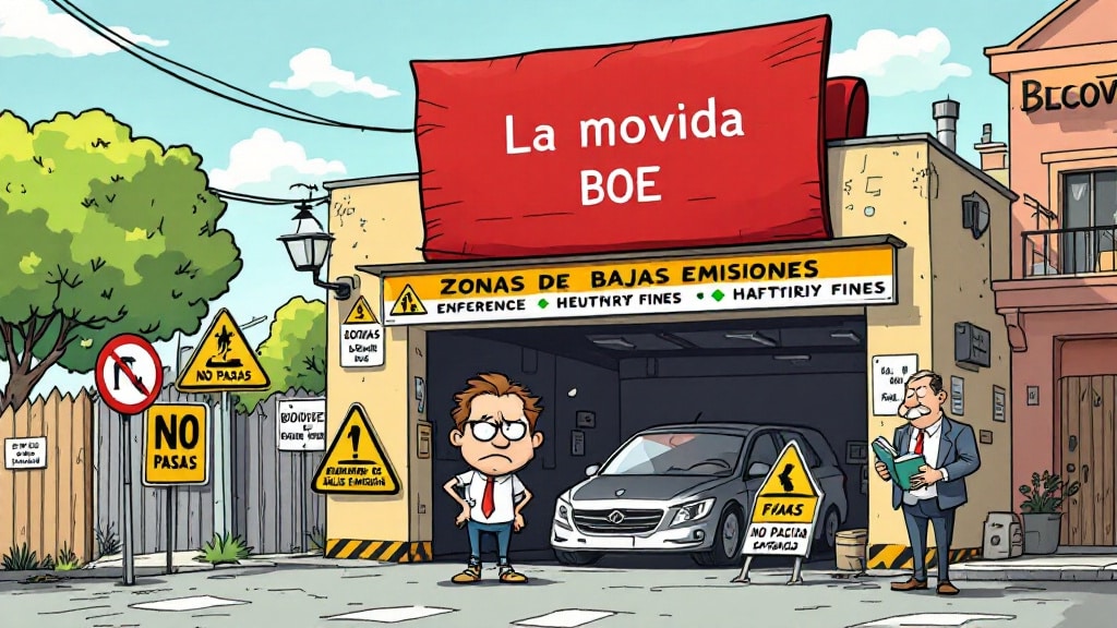 La imagen muestra un estacionamiento marcado como "Zona de Bajas Emisiones" con varios letreros de advertencia que dicen "No pasas" y "No pasas sin etiqueta". Un coche gris se encuentra detenido en la entrada, mientras un hombre con expresión de frustración observa la escena. A la derecha, un funcionario de aspecto serio sostiene una carpeta y revisa documentos, probablemente verificando si el vehículo cumple con las regulaciones. Arriba, un gran cartel rojo dice "La movida BOE", sugiriendo complicaciones legales derivadas del Boletín Oficial del Estado (BOE) en relación con las zonas de bajas emisiones.