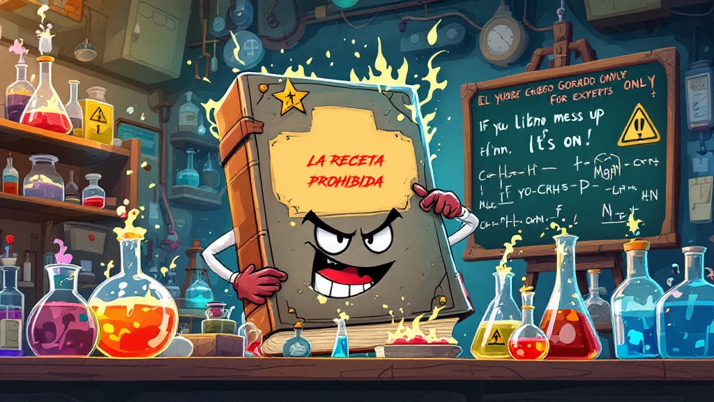 La imagen muestra un laboratorio colorido y desordenado, lleno de frascos y matraces con líquidos de colores vivos, algunos burbujeando, que representan productos químicos. En el centro, un libro grande y viejo, con una expresión traviesa y malévola, sostiene el título "La receta prohibida" en la portada. Esta "receta" sugiere la fórmula secreta para crear biodiesel casero. A la derecha, una pizarra llena de fórmulas químicas y advertencias en inglés recalca que solo expertos deben intentar esta preparación, dando un aire misterioso y de precaución a la escena. Es la receta que te enseña cómo fabricar biodiésel casero.