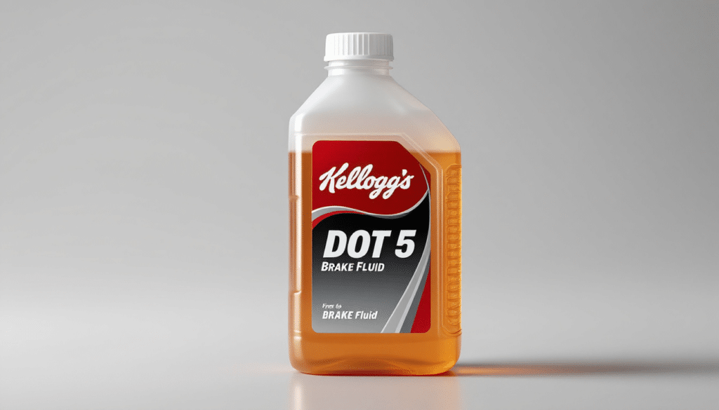 Botella de plástico etiquetada como “Kellogg’s DOT 5 Brake Fluid”. La etiqueta es predominantemente roja con texto blanco y negro. Indica que el producto es líquido de frenos, lo cual es interesante ya que Kellogg’s es típicamente conocido por productos alimenticios, no por fluidos automotrices.