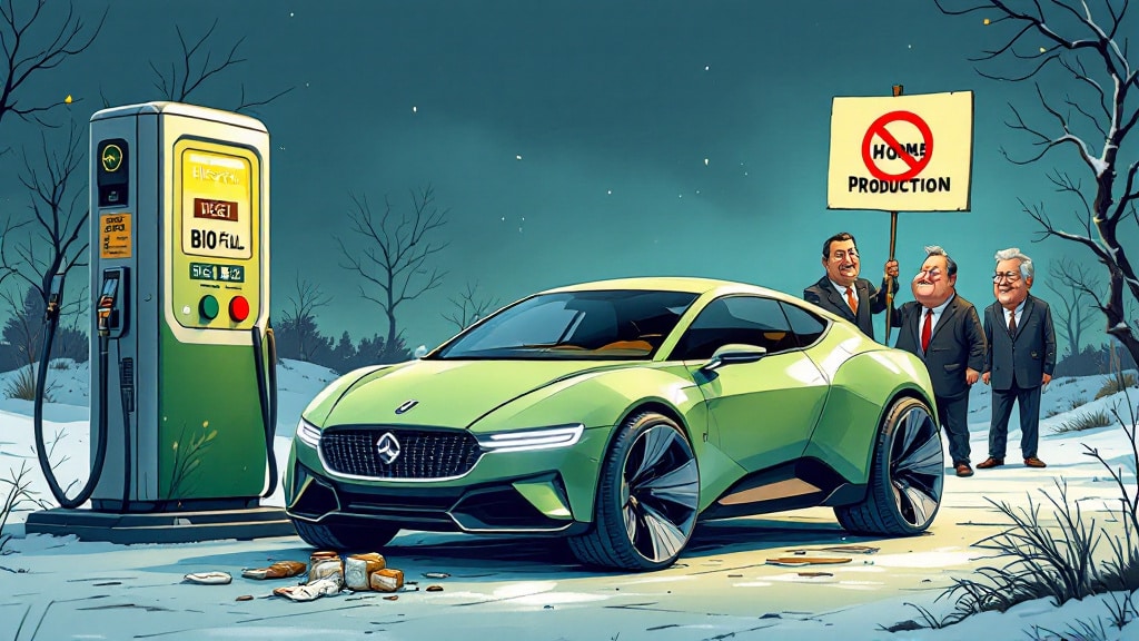 La imagen muestra un coche futurista verde estacionado junto a una bomba de combustible etiquetada como ‘BIOFUEL’. Hay cuatro personas con trajes, cuyas cabezas han sido reemplazadas por boquillas de surtidores de gasolina, de pie junto al coche. En el fondo, hay un cartel que dice ‘NO PRODUCTION’ y un paisaje nevado. La imagen parece comentar sobre el biocombustible como una fuente de energía alternativa y su impacto en la industria de combustibles tradicionales. Cómo fabricar biodiésel casero.