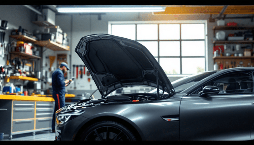 La imagen muestra un coche moderno y elegante con el capó abierto, estacionado dentro de lo que parece ser un garaje bien equipado. En el fondo, una persona con gorra está de pie y parece estar trabajando o inspeccionando algo en un banco de trabajo. El entorno sugiere que se están realizando tareas de mantenimiento o reparación en el vehículo.