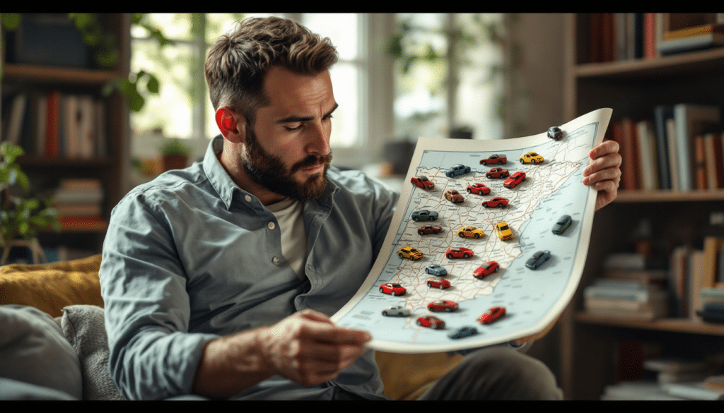 La imagen muestra a una persona sosteniendo una hoja grande con varios coches de juguete coloridos colocados sobre ella. La hoja parece ser un mapa, y los coches de juguete están dispersos en diferentes ubicaciones del mapa. Esta escena podría ser interesante para discusiones sobre hobbies como la colección de vehículos en miniatura o para ilustrar una forma creativa de mostrar una colección.