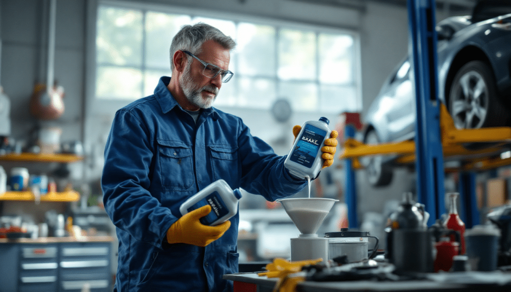 Persona en uniforme de mecánico azul y guantes amarillos, sosteniendo dos botellas de líquido para vehículos frente a un coche con el capó abierto. La persona está vertiendo una de las botellas en un embudo colocado dentro del compartimento del motor, sugiriendo la acción de rellenar o mantener los niveles de fluidos del vehículo. La escena tiene lugar en un taller automotriz, indicado por la presencia de varias herramientas y otro coche en el fondo.