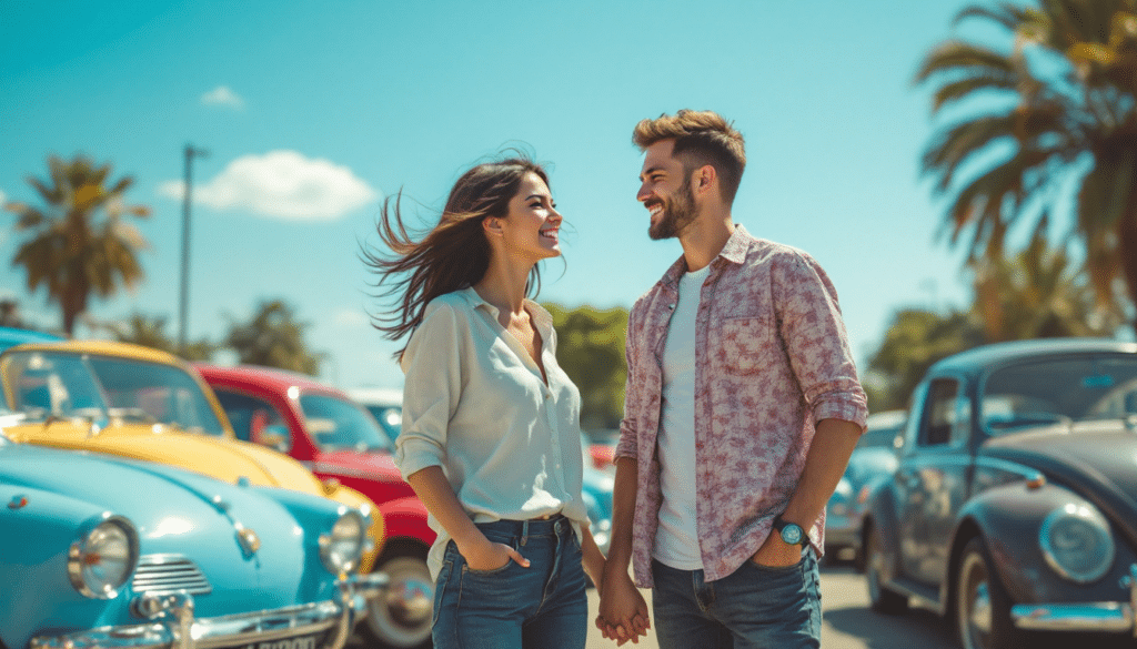 La imagen muestra a dos personas de pie frente a una fila de coches vintage bajo un cielo azul claro. Las personas están frente a frente, tomándose de las manos. Esta imagen combina la interacción humana con el diseño automotriz clásico, sugiriendo un tema de nostalgia o recreo.