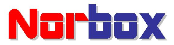 Logo de Norbox en letras estilizadas, donde 'Nor' está escrito en rojo y 'box' en azul. El diseño tiene un estilo geométrico y moderno con letras angulares que forman un logotipo corporativo limpio y profesional.