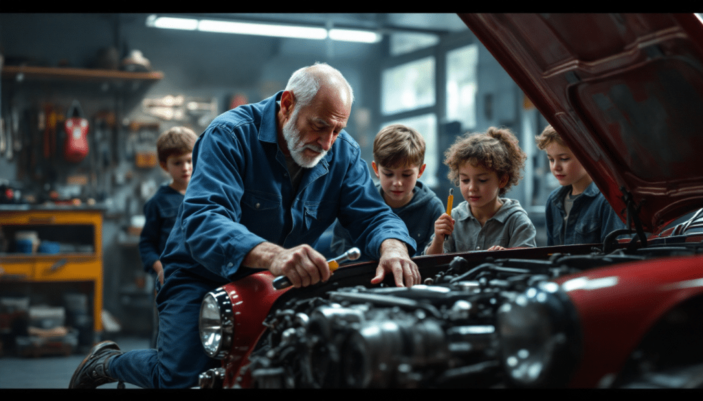 La imagen muestra a un adulto y tres niños en un taller, centrados en un coche con el capó abierto, revelando el motor. Esta escena sugiere un momento de aprendizaje o enseñanza sobre mecánica o ingeniería.