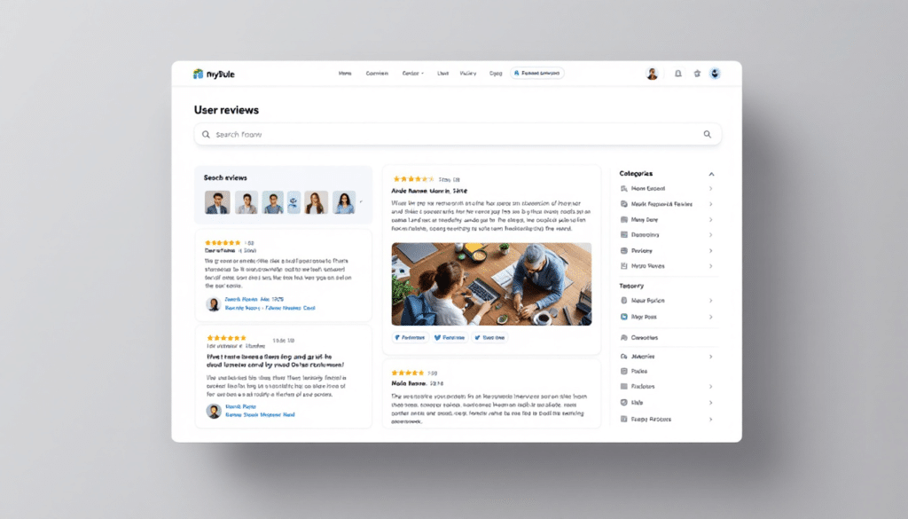 La imagen muestra la interfaz de usuario de un sitio web llamado “myRule”, enfocándose en la sección de ‘Reseñas de usuarios’. Se pueden ver varios perfiles de usuarios con calificaciones de estrellas y comentarios escritos. El diseño es limpio, con una barra de búsqueda en la parte superior y pestañas de navegación en el lado izquierdo. Esta imagen es relevante ya que proporciona un ejemplo de cómo las plataformas en línea muestran las reseñas de clientes, lo cual puede ser crucial para que las empresas recopilen comentarios y para que los clientes tomen decisiones informadas.
