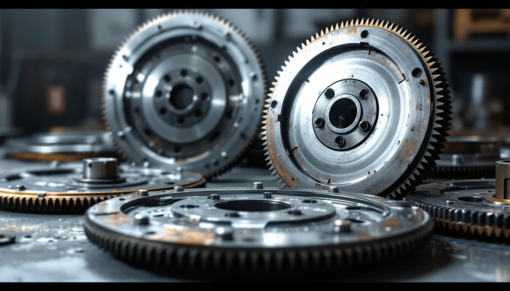 La imagen muestra varios volantes de inercia de coche de diferentes tamaños y formas, dispuestos sobre una superficie que parece ser una mesa de trabajo en un taller mecánico. Los volantes de inercia tienen dientes bien definidos y algunos presentan marcas de uso. El fondo está ligeramente desenfocado, destacando los volantes en primer plano por su detalle y precisión, lo cual podría ser interesante para personas con conocimientos en ingeniería automotriz o aficionados a la maquinaria.