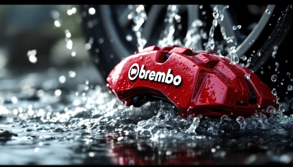 Primer plano de una pinza de freno roja Brembo en la rueda de un vehículo, con agua salpicando alrededor, probablemente indicando el rendimiento del sistema de frenos en condiciones húmedas.