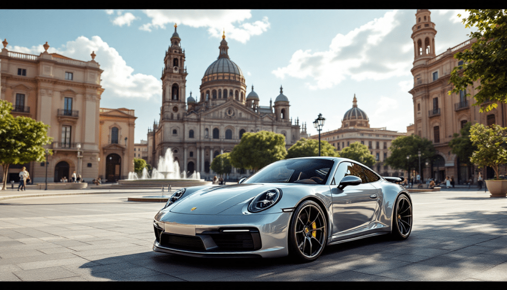 Imagen de un coche deportivo plateado, específicamente un Porsche, estacionado frente a un edificio ornamentado con cúpulas y torres. Hay fuentes y árboles visibles en primer plano, lo que sugiere que podría ser una plaza pública o un lugar de interés cultural.