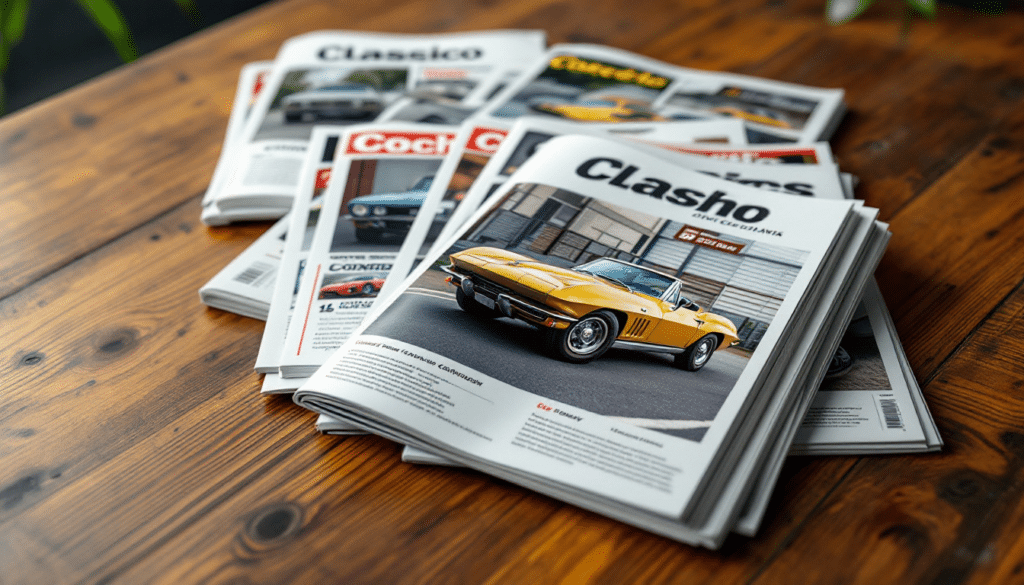La imagen muestra una pila de revistas sobre una superficie de madera. La revista superior presenta una imagen prominente de un coche clásico amarillo con rayas negras en la portada, indicando que el contenido de la revista probablemente está relacionado con automóviles clásicos.