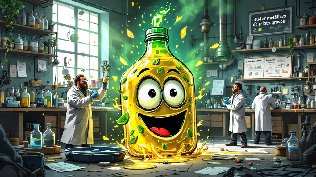 La imagen muestra una ilustración estilizada de un laboratorio con dos científicos trabajando. En el centro, hay una gran botella de vidrio antropomorfizada con una cara sonriente y líquido amarillo en su interior, representando al biodiésel. La botella tiene etiquetas que dicen ‘éster metílico de ácidos grasos’, lo cual es un componente del biodiésel. El laboratorio está lleno de equipo científico como probetas, tubos de ensayo y fórmulas químicas escritas en pizarras, sugiriendo un ambiente de investigación y desarrollo del biodiésel. Esta imagen tiene mucho que ver con cómo fabricar biodiésel casero.