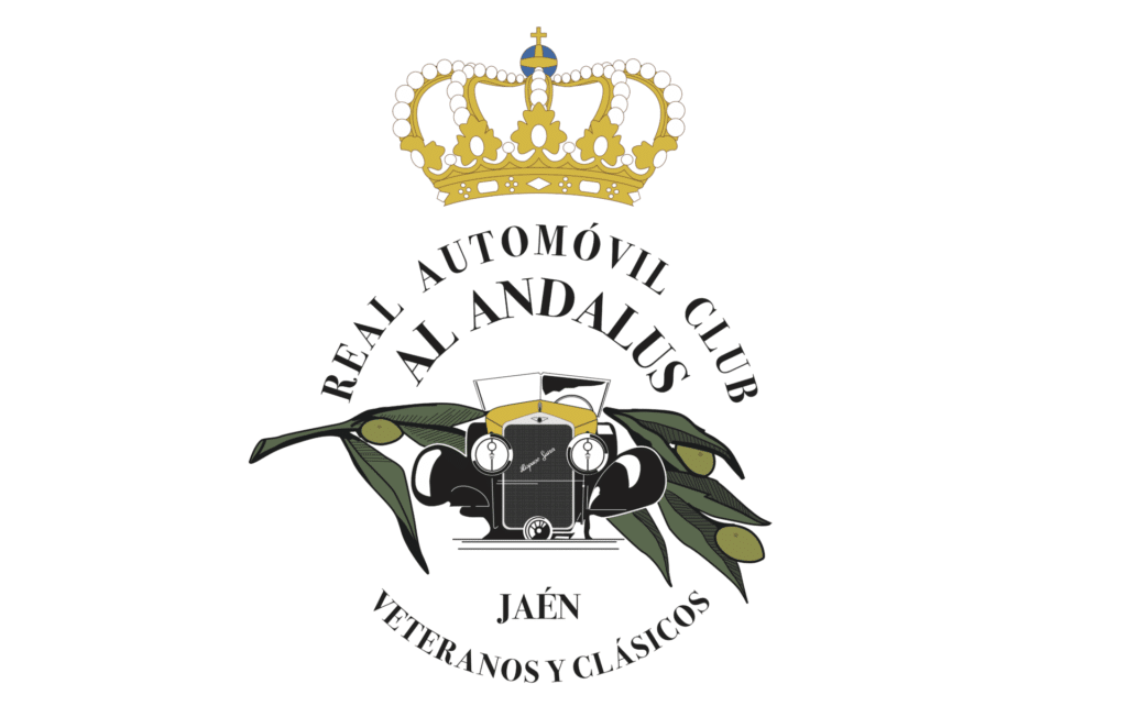 Logotipo que incluye una corona en la parte superior y un escudo debajo. Dentro del escudo, hay una ilustración de un automóvil vintage con dos ramas de olivo a cada lado. El texto alrededor del logotipo dice ‘REAL AUTOMÓVIL CLUB’ en la parte superior y ‘JAÉN VETERANOS Y CLÁSICOS’ en la parte inferior. Esta imagen representa un club de automóviles, probablemente enfocado en coches vintage y clásicos, como indica el texto y la imaginería.